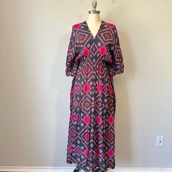 ANTHROPOLOGIE RUJUTA SHETH Marie Cinched Caftan in Black Red Diamond Print - Picture 1 of 15